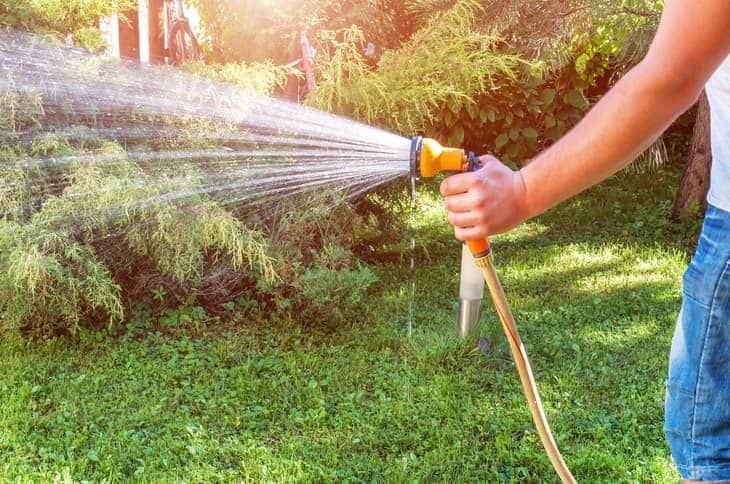 watering the lawn with handheld sprayer gun