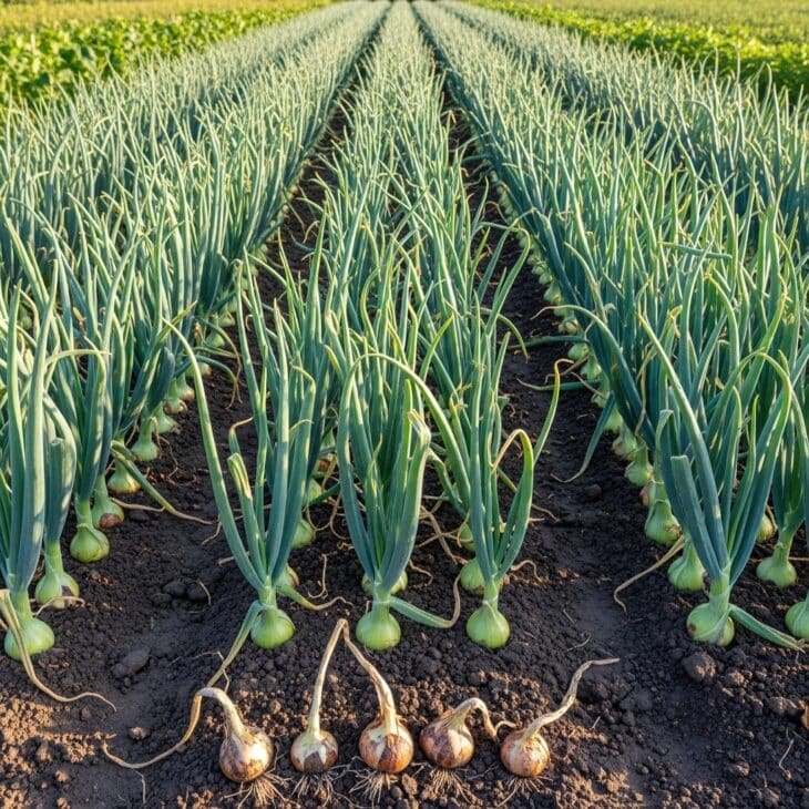 Bed of onions, garlic and shallots in straight rows