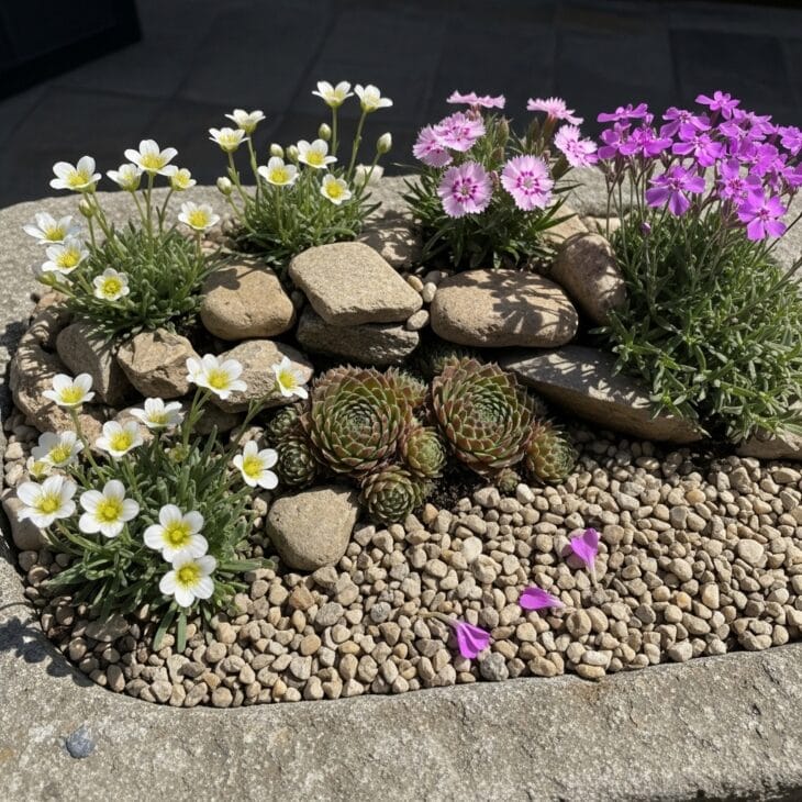 Stone trough planted as a miniature alpine garden