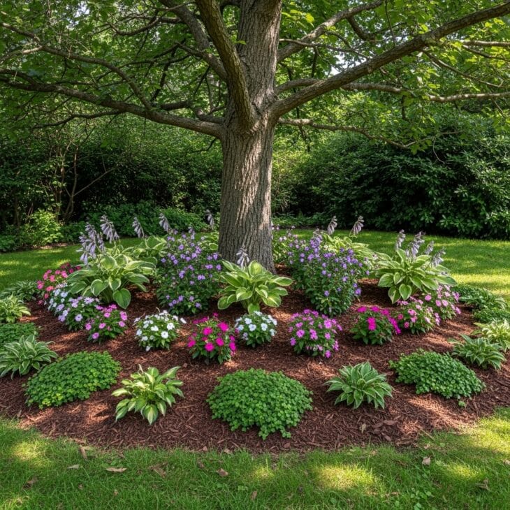 Circular flower bed planted around the base of a tree