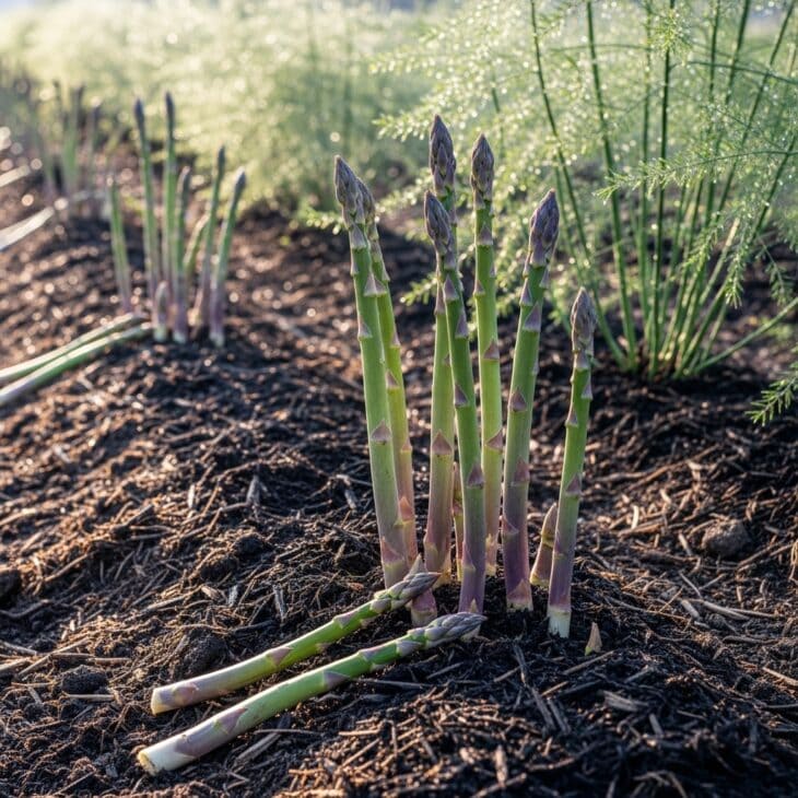 Asparagus spears pushing up from a mulched spring bed