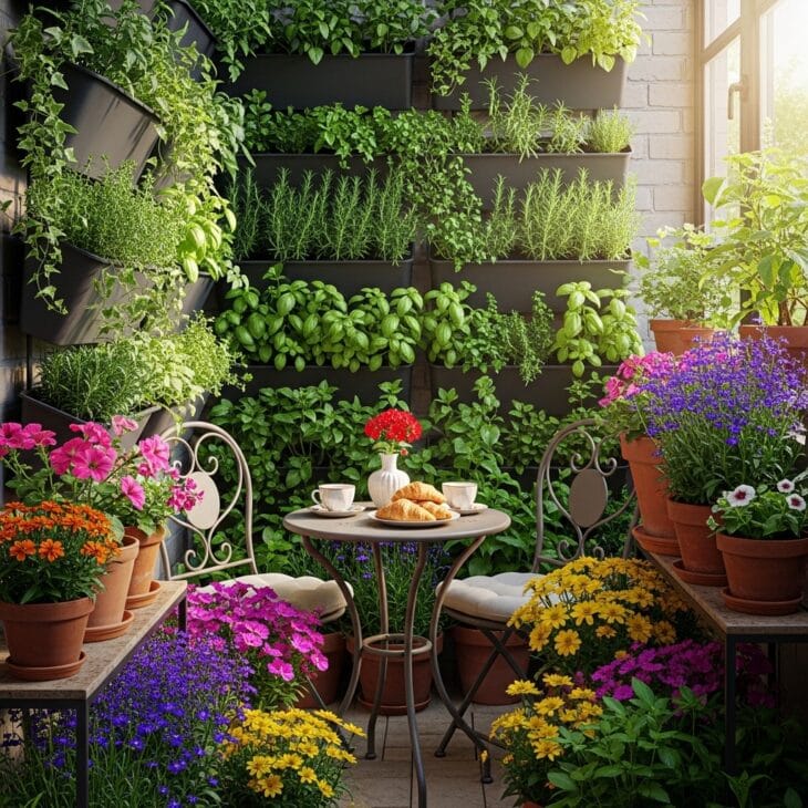 Tiny balcony patio packed with a bistro set and pots