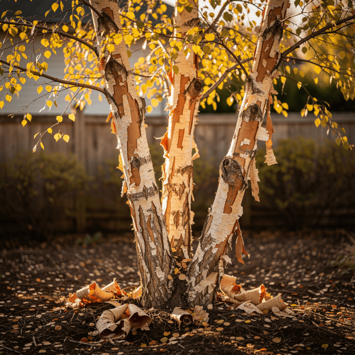 Multi-stem River birch clump with exfoliating cinnamon bark and golden autumn foliage in a residential garden