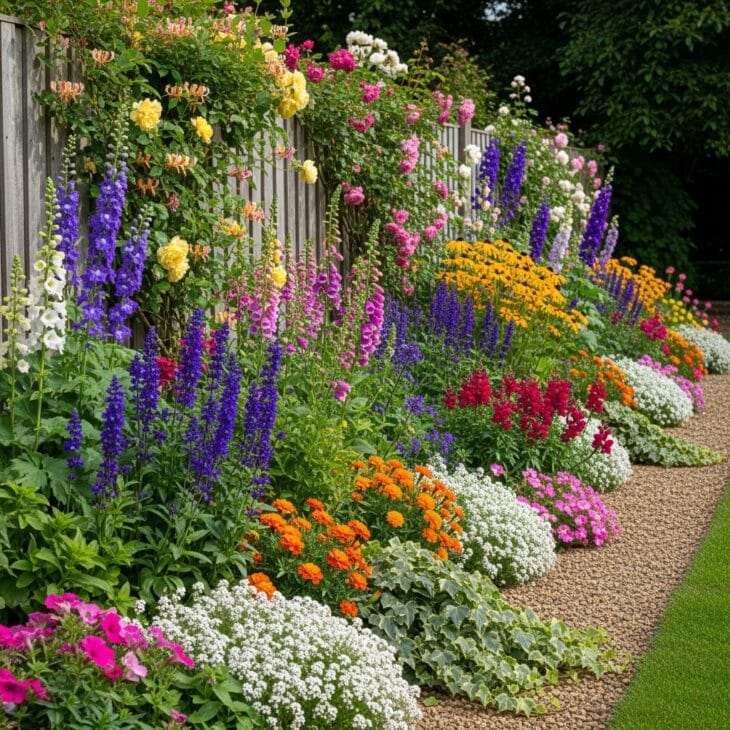 Long border flower bed running along a fence