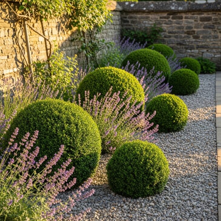 Box Topiary Balls on a Gravel Base