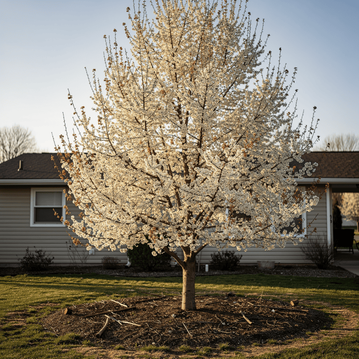 Bradford pear tree in full white bloom against a blue sky in a suburban front yard in early spring