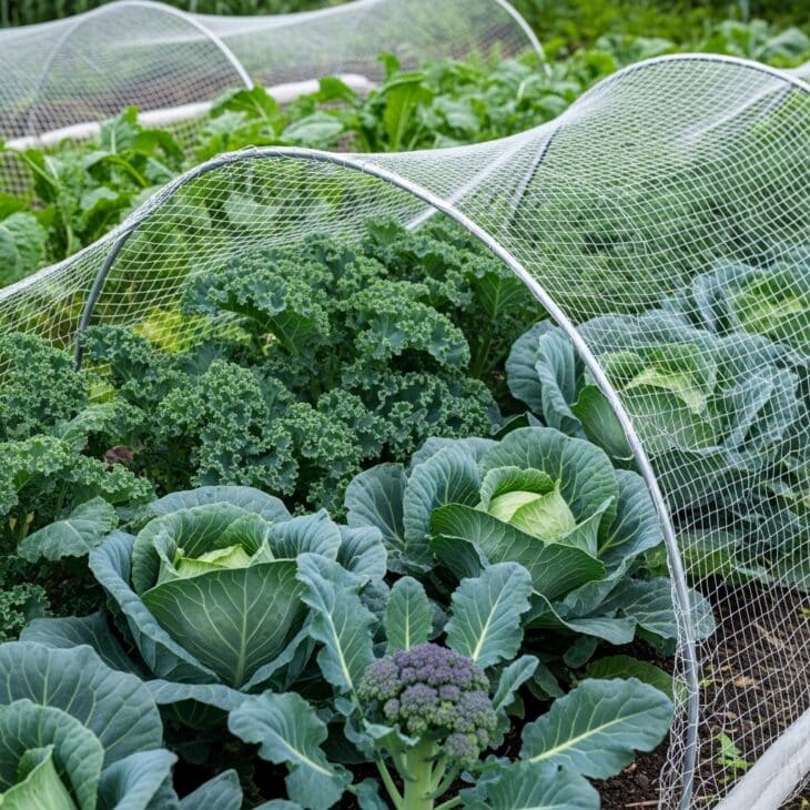 Brassicas growing under a low tunnel of insect netting