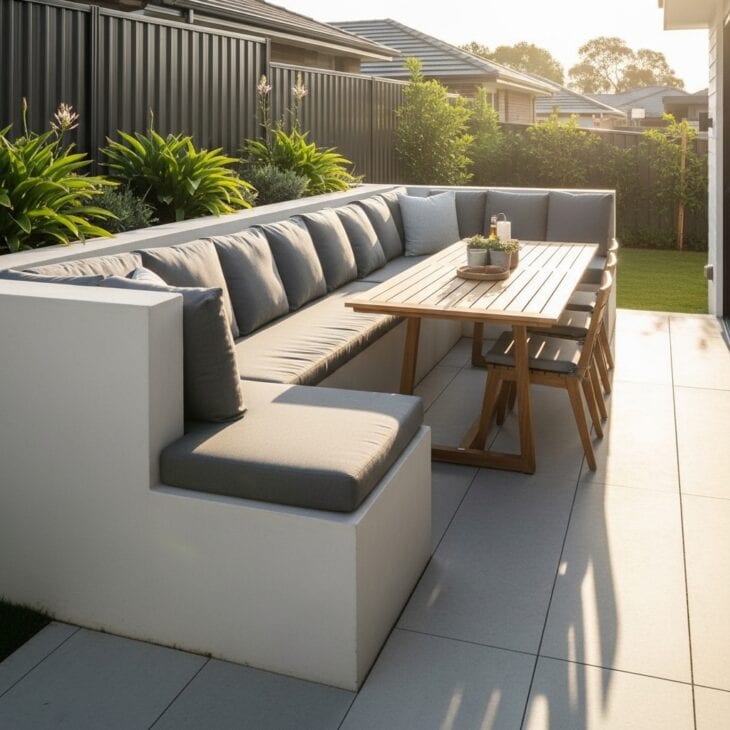 Built-in patio bench seating wrapping a corner with cushions