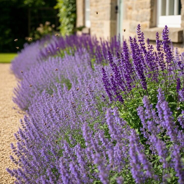 Drifts of catmint and salvia along a cottage border