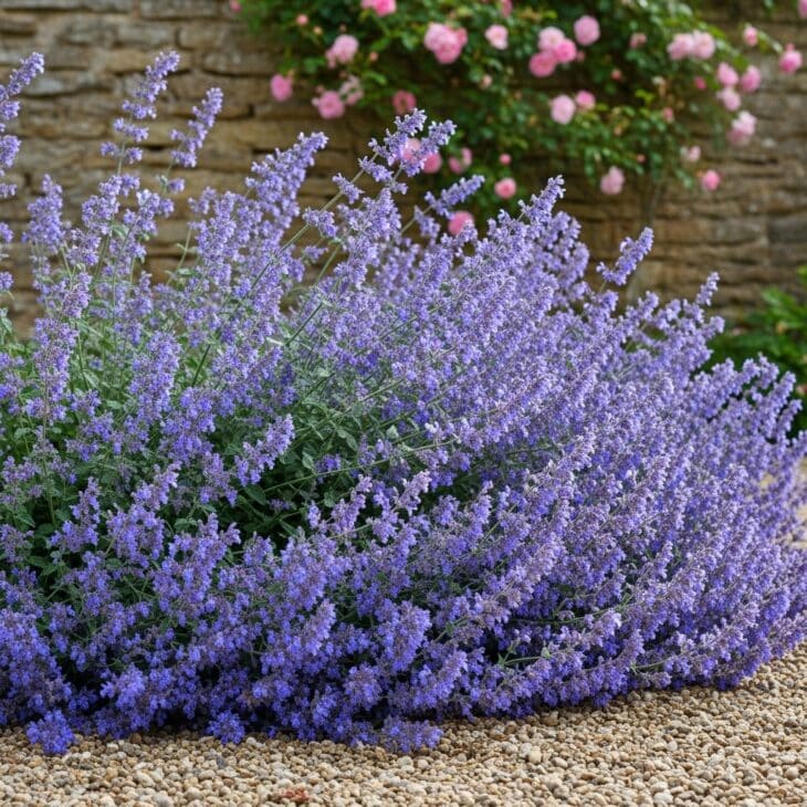 Catmint Cloud Along a Stone Wall