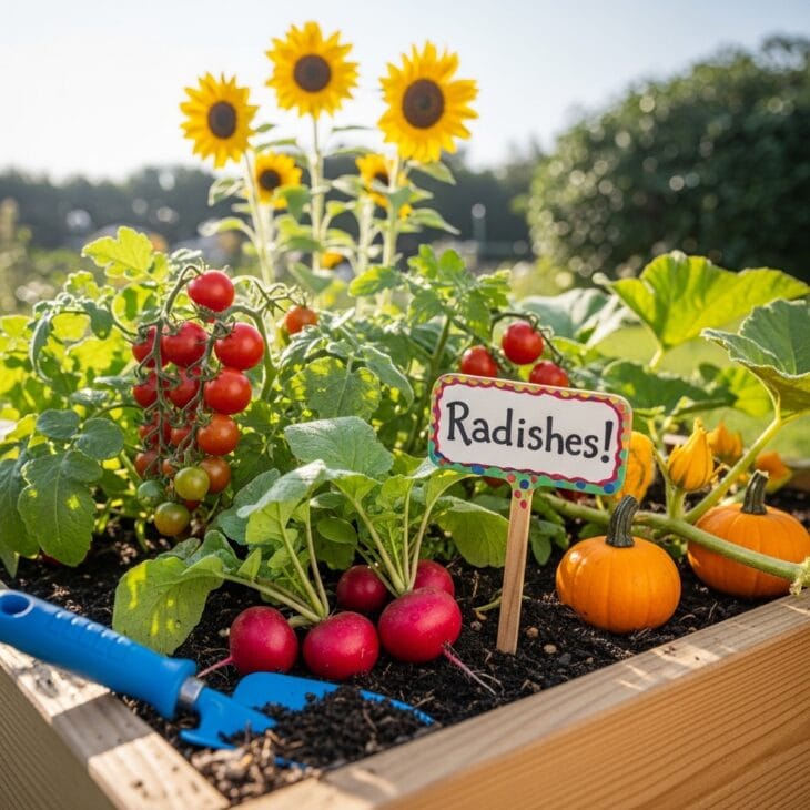 Child-sized vegetable patch with radishes, sunflowers and pumpkins