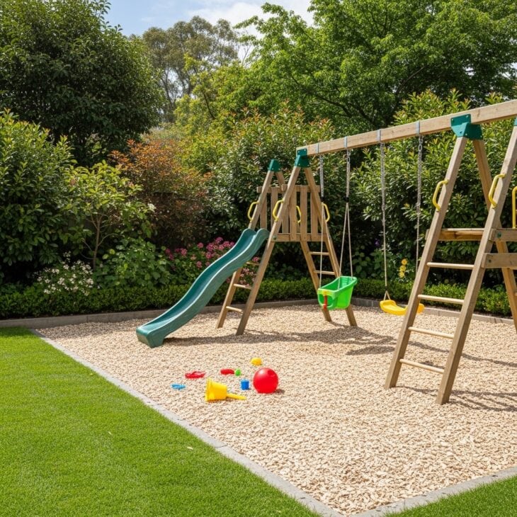 Backyard children's play area with climbing frame and swing