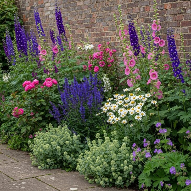 Classic English mixed cottage border in full bloom
