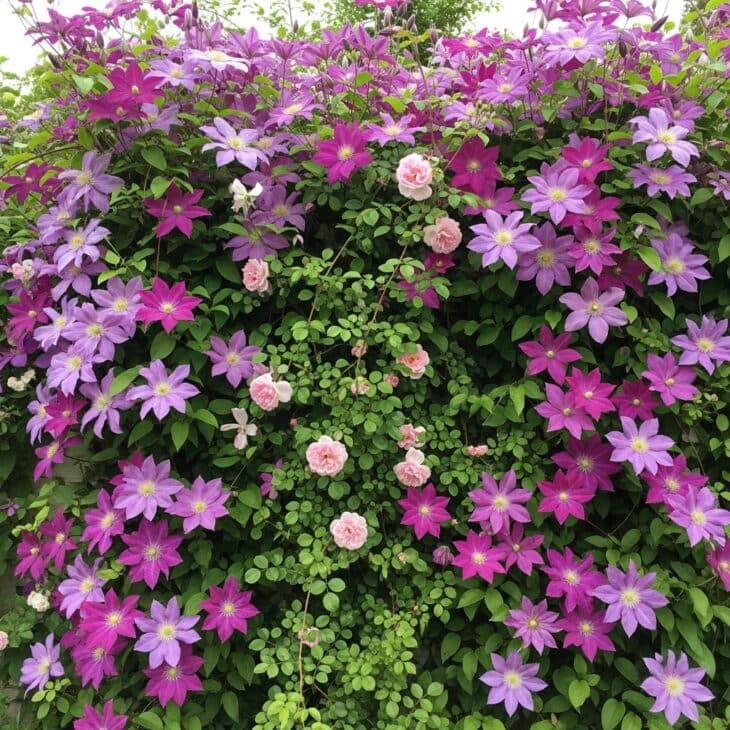 Wall covered in purple and pink clematis