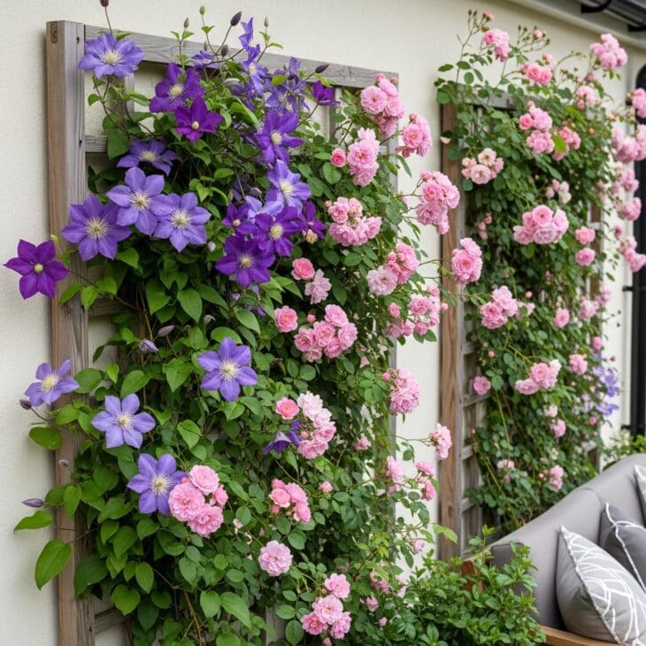 Patio trellis screen covered in flowering climbers