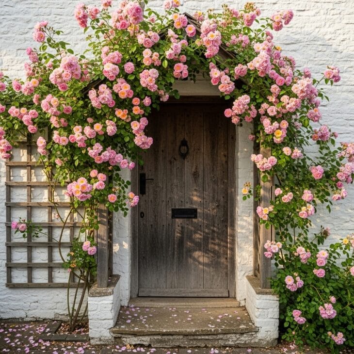 Climbing pink rose framing a cottage front door