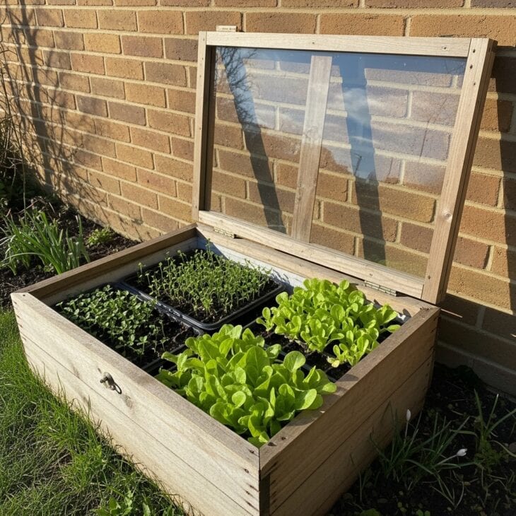 Wooden cold frame with glass lid full of seedlings