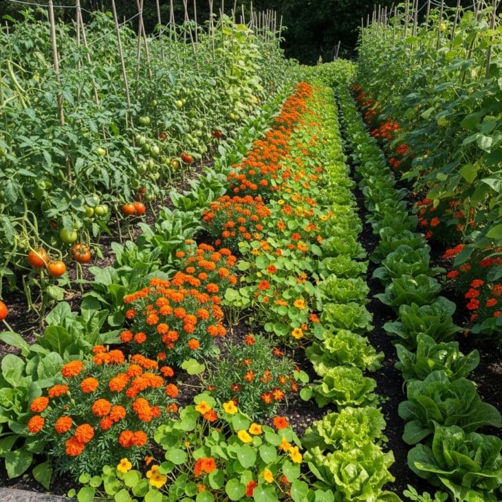 Vegetables interplanted with marigolds and nasturtiums