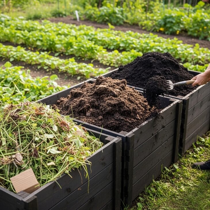 Three timber compost bays at the edge of a vegetable garden