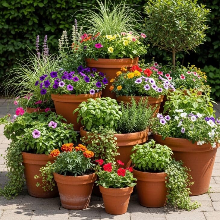 Cluster of overflowing pots creating a container garden on a patio