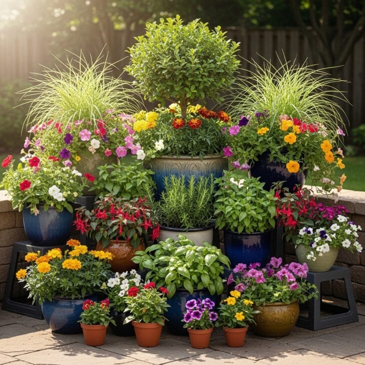 Cluster of overflowing pots grouped on a backyard patio