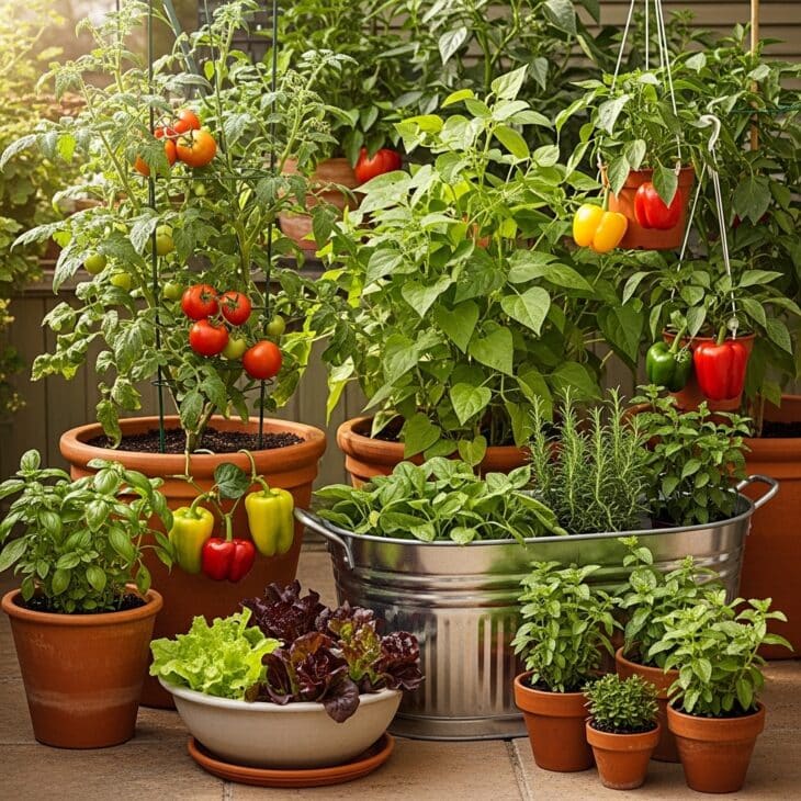 Patio crowded with vegetables grown in pots and tubs