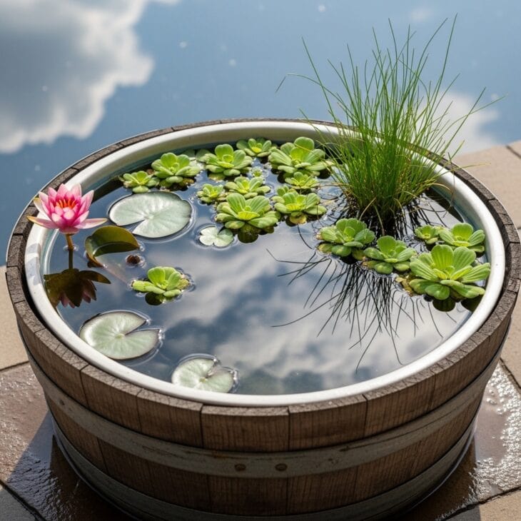 Half-barrel turned into a container water garden
