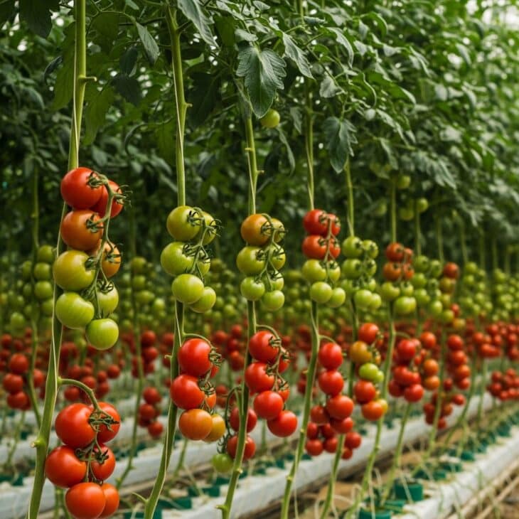 Cordon tomatoes trained up canes heavy with fruit