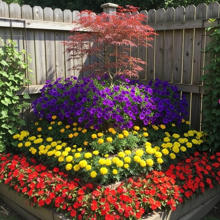 Triangular corner flower bed where two fences meet