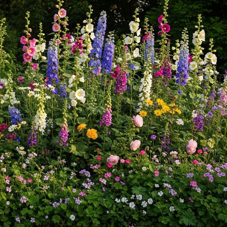 Abundant cottage-style flower bed packed with blooms