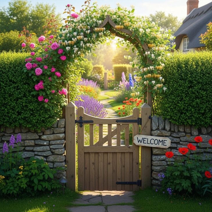Wooden cottage garden gate with roses over the arch