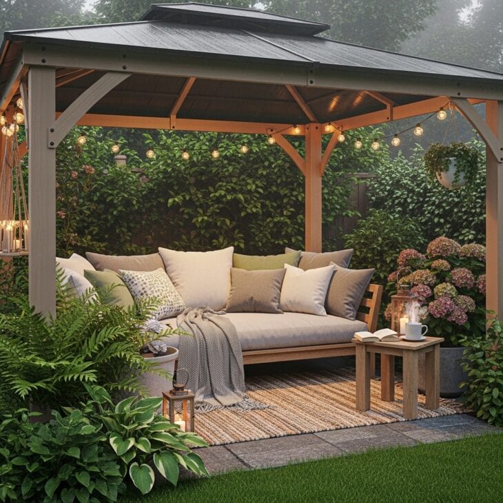 Cozy covered backyard seating area with sofa and cushions
