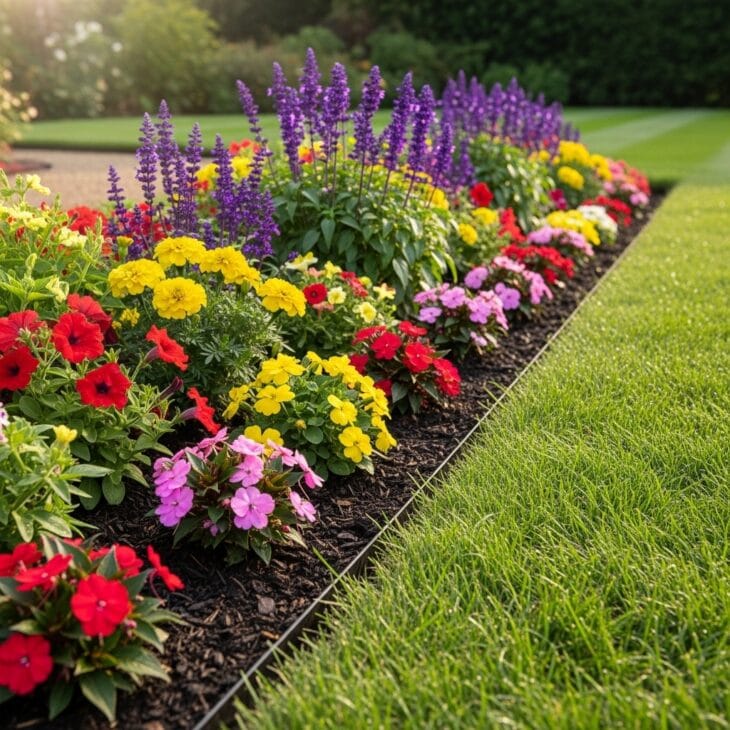 Flower bed with a crisp clean edge against the lawn