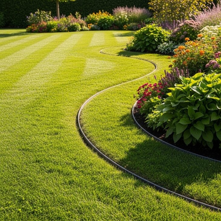 Backyard lawn with crisp edges and shaped beds