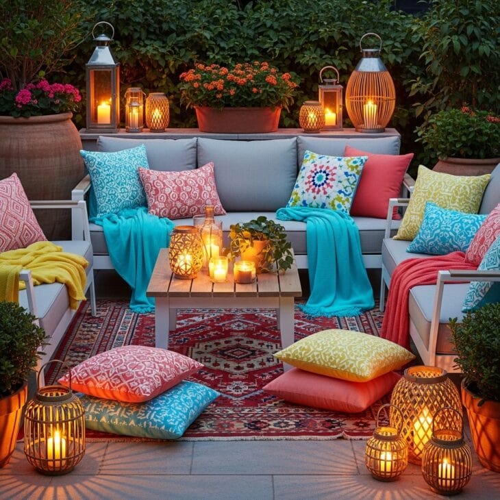 Patio styled with colorful outdoor cushions and throws