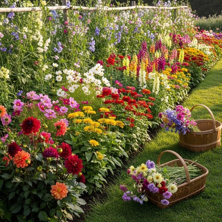 Cut flower bed planted in rows for bouquets