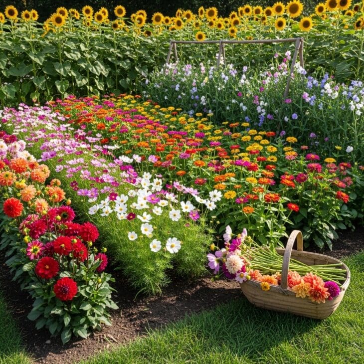 Backyard cut flower bed full of dahlias and cosmos
