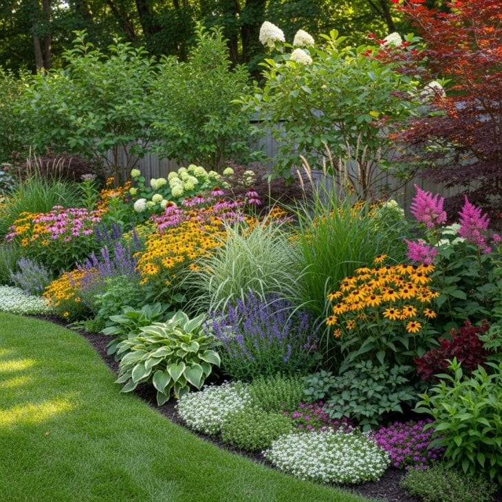 Deep mixed borders running along a backyard fence