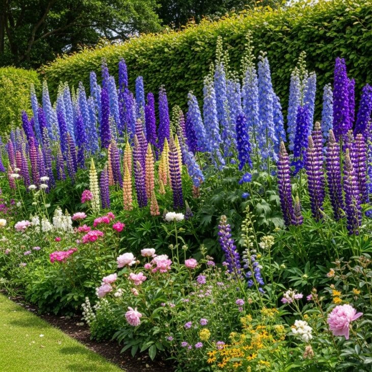 Delphinium and lupin spires in a cottage border