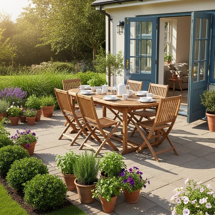 Paved patio set with an outdoor dining table