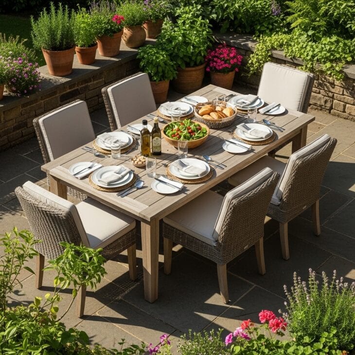 Patio with an outdoor dining table laid for a meal