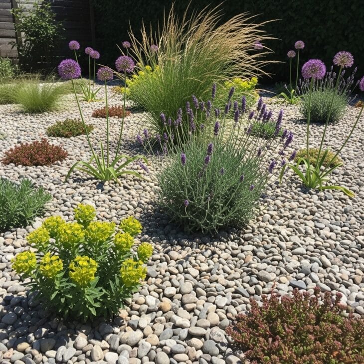 Drought-tolerant gravel garden in a hot backyard spot