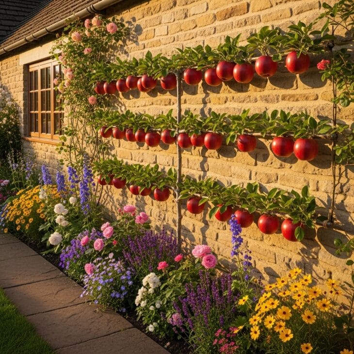 Espaliered apple tree trained against a cottage wall