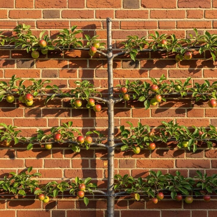 Espaliered apple tree trained flat against a brick wall