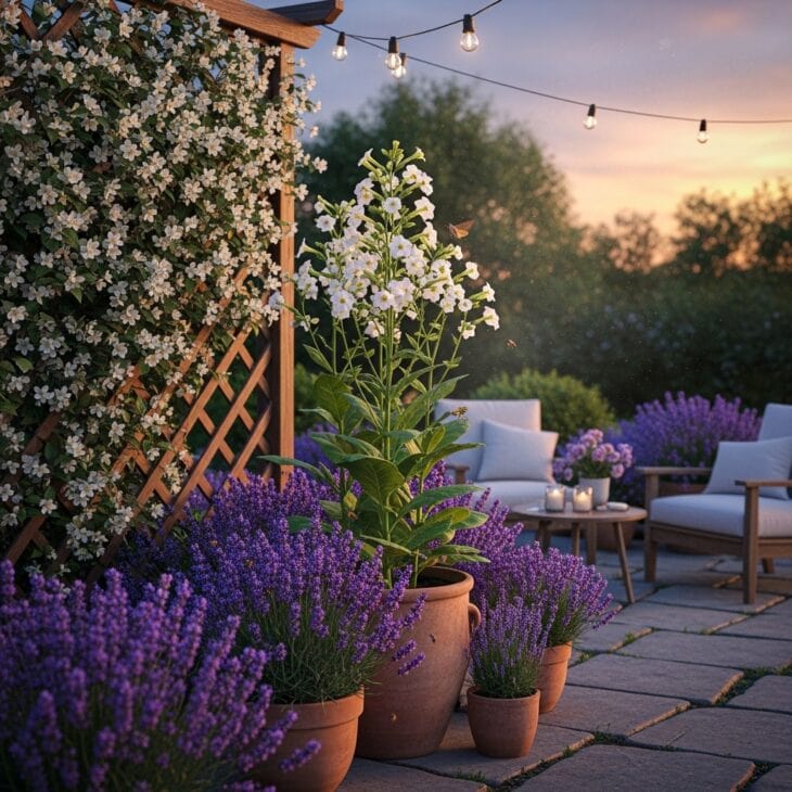 Patio surrounded by scented evening planting at dusk