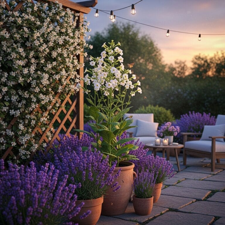 Patio surrounded by scented evening planting at dusk