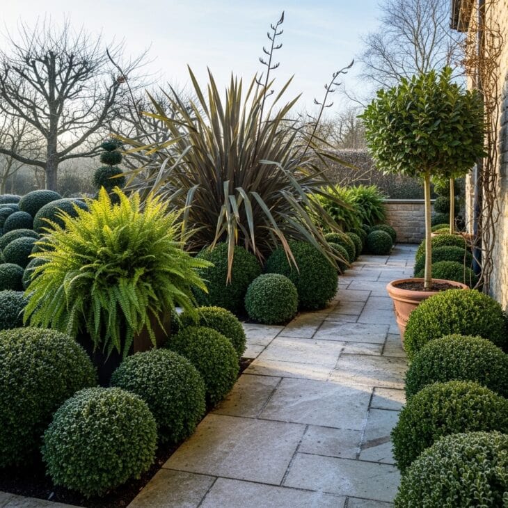Patio kept green in winter with evergreen structure planting