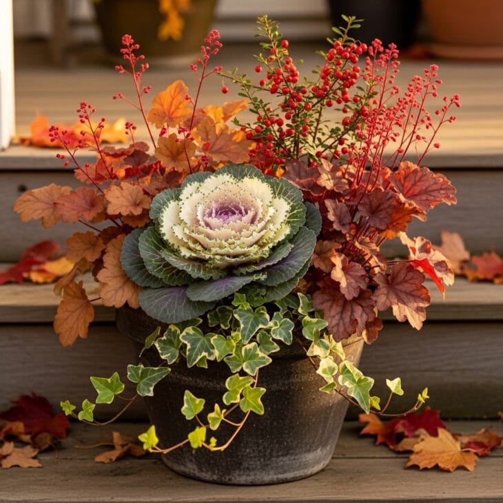 Fall container of foliage, berries and seasonal color