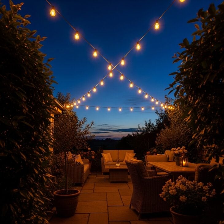 Warm festoon lights strung overhead on a patio at dusk