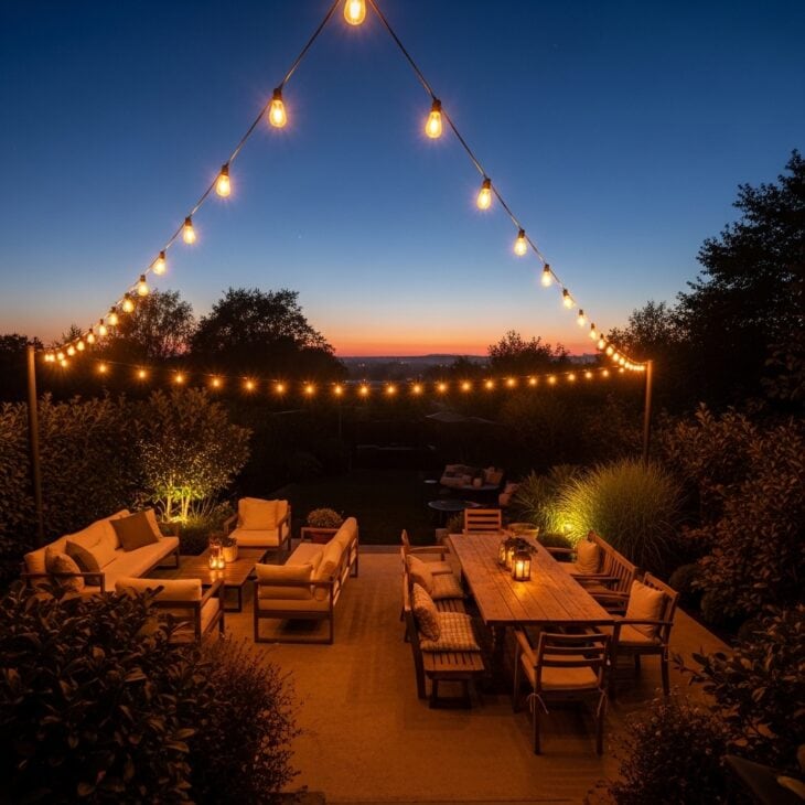 Warm festoon lights strung over a backyard seating area at dusk